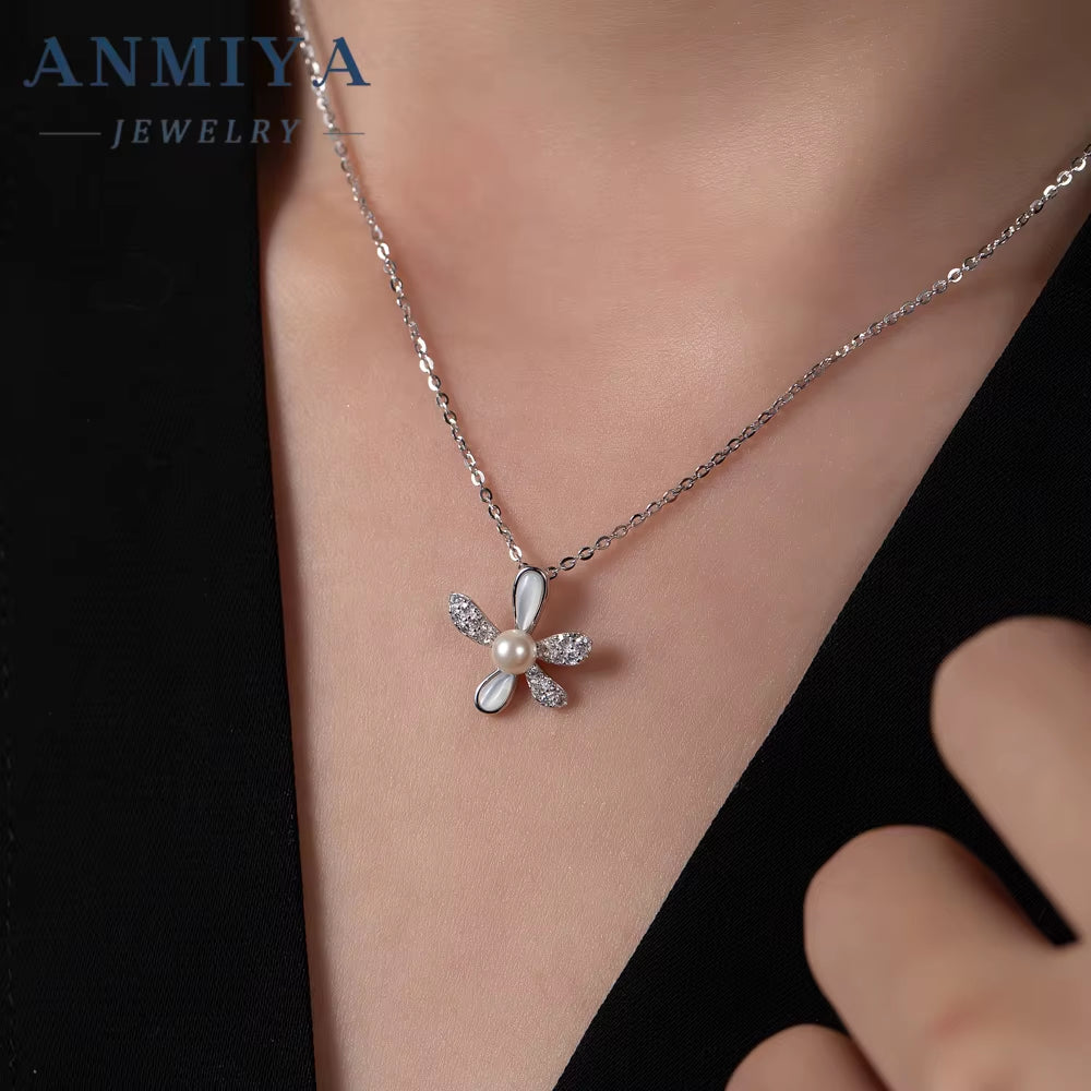 ANMIYA Pearl Flower Necklace 925 Silver Chain Zirconia Pendant Pearl Jewelry Necklace Pendant Wholesale for Women
