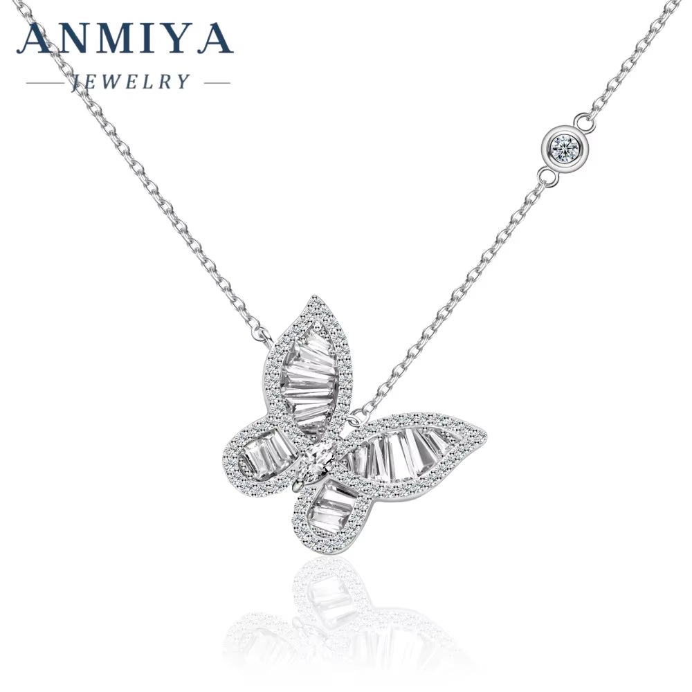 ANMIYA Women'S Fashion Silver Chain Zircon Rhodium Plating Premium Jewelry Butterfly Pendant Necklace