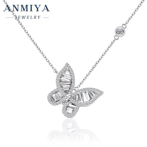 ANMIYA Women'S Fashion Silver Chain Zircon Rhodium Plating Premium Jewelry Butterfly Pendant Necklace