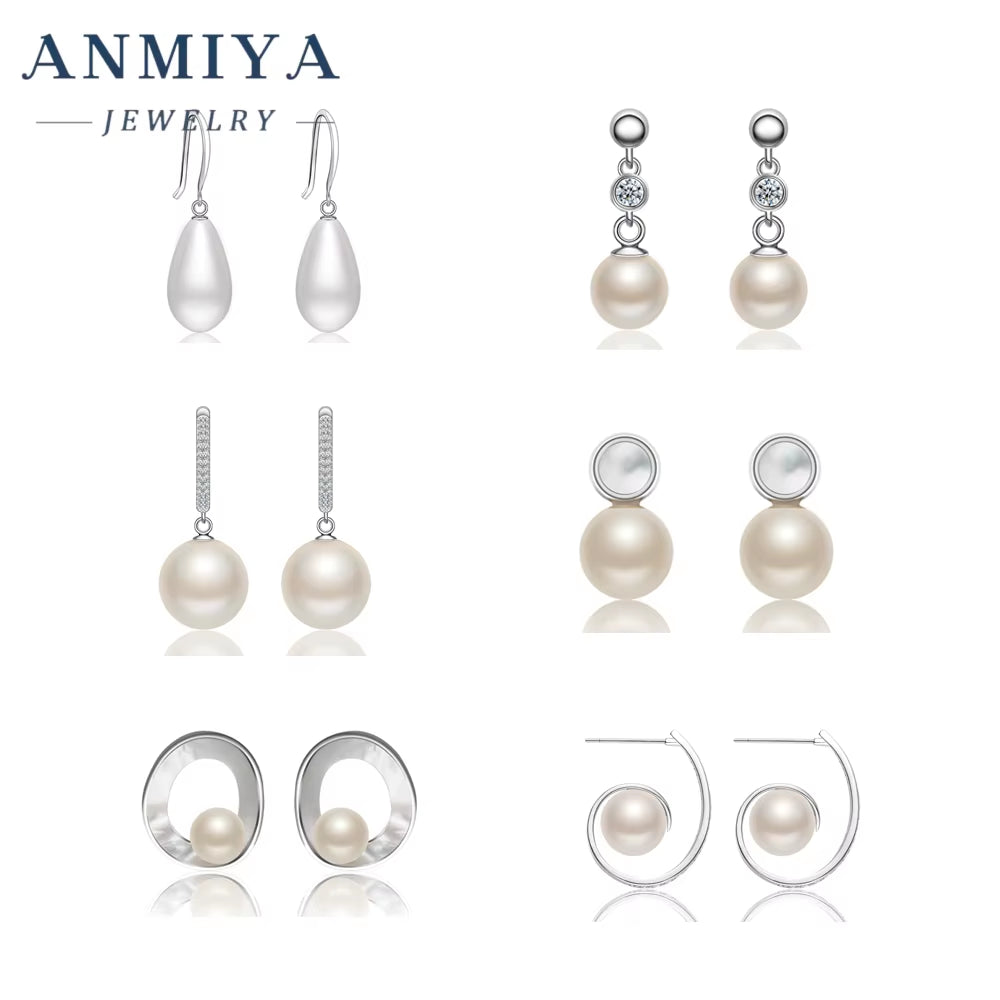 ANMIYA Classic Vintage Fashion Fresh Water Pearls Earrings Plated 925 Silver Needle Stud Earrings for Women