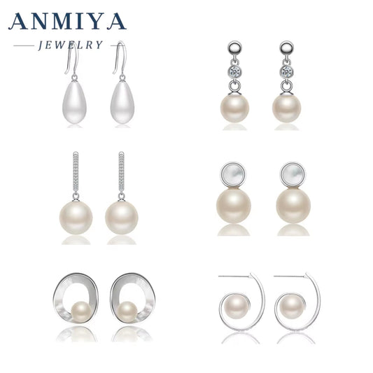 ANMIYA Classic Vintage Fashion Fresh Water Pearls Earrings Plated 925 Silver Needle Stud Earrings for Women