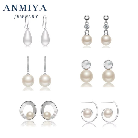 ANMIYA Classic Vintage Fashion Fresh Water Pearls Earrings Plated 925 Silver Needle Stud Earrings for Women