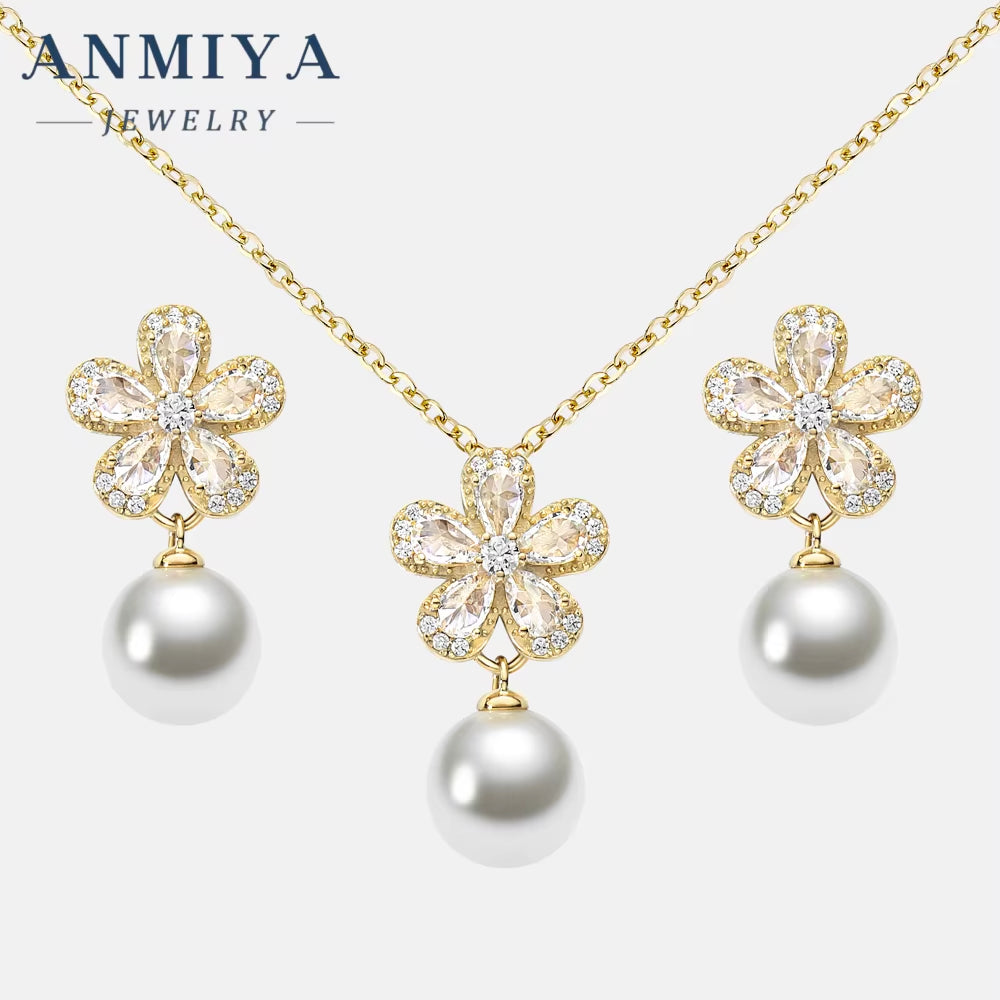 New Fashion Jewelry-Set Fresh Water Pearl Flower 925 Silver Necklace Earrings Bridal Jewelry Wedding Flower Earrings Jewelry Set