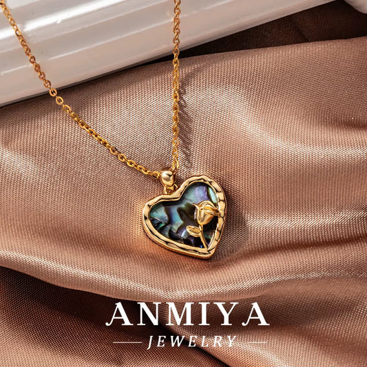 ANMIYA Purple Natural Shell Heart Necklace Rose 18K Gold 925 Silver Fashion Necklace for Lover