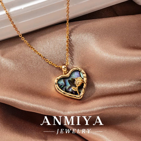 ANMIYA Purple Natural Shell Heart Necklace Rose 18K Gold 925 Silver Fashion Necklace for Lover