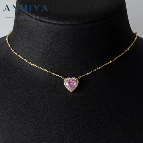 ANMIYA High Quality Pink Pear Ice Cut Heart Shape 925 Silver Jewelry Fashion Wholesale for Bestfriend Jewelry Girlfriend