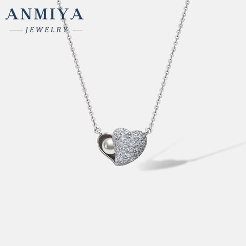 ANMIYA 925 Silver Cubic Zirconia Heart Fresh Water Pearl Shine Diamond Glaring Necklace for Women Fashion