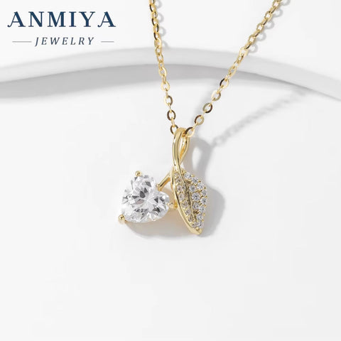 ANMIYA 18K Gold Leaf and Zircon Diamond Heart Shape 925 Silver Wholesale Unique Temperament Necklace for Women Fashion