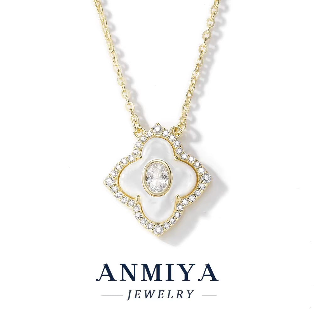 ANMIYA 925 Sterling Silver Four Leaf Clover Necklace White Shell with Zircon Customizing Jewelry Necklace