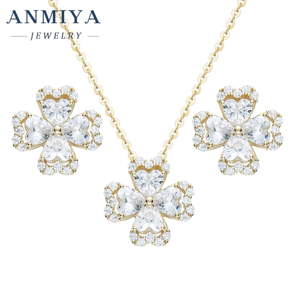 Silver Four-Leaf Clover Necklace Stud Earrings Waterproof Jewelry Four-Leaf Clover Flower Jewelry Sets