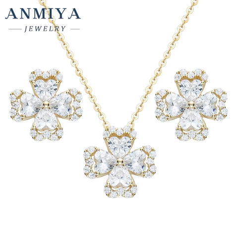 Silver Four-Leaf Clover Necklace Stud Earrings Waterproof Jewelry Four-Leaf Clover Flower Jewelry Sets