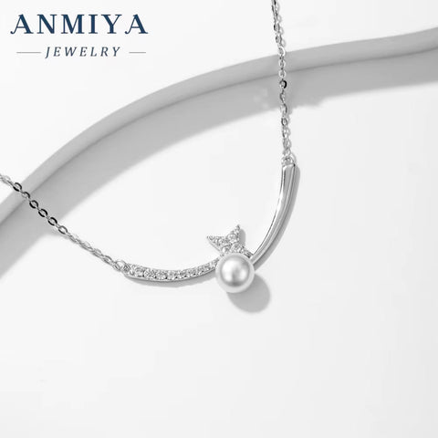Wholesale S925 Sterling Silver Crescent Moon Star Pendant Necklace for Women Cute Style with Cubic Zirconia