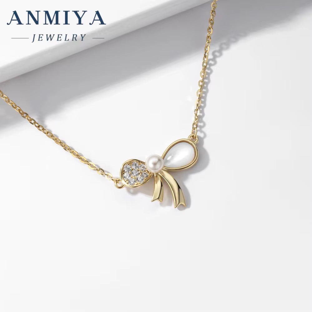 ANMIYA Trendy Jewelry Bow Necklace 925 Silver Bowknot Pendant Necklace Diamond White Shell Butterfly Necklace for Women