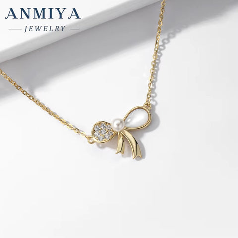 ANMIYA Trendy Jewelry Bow Necklace 925 Silver Bowknot Pendant Necklace Diamond White Shell Butterfly Necklace for Women