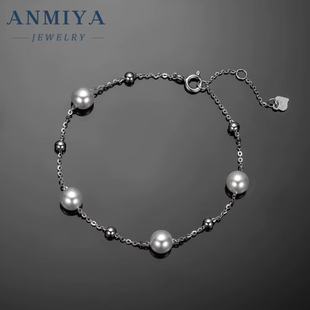 ANMIYA Wholesale Classic Fresh Water Pearls 925 Silver Link Chain Bracelets Hand Chain for Women Ladies Bestfriend Jewelry