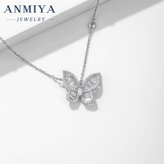 ANMIYA Women'S Fashion Silver Chain Zircon Rhodium Plating Premium Jewelry Butterfly Pendant Necklace