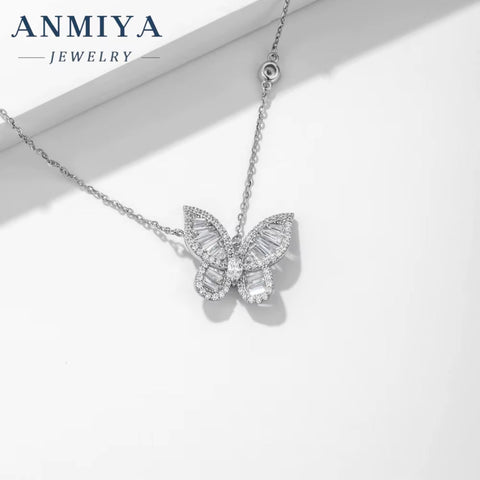 ANMIYA Women'S Fashion Silver Chain Zircon Rhodium Plating Premium Jewelry Butterfly Pendant Necklace