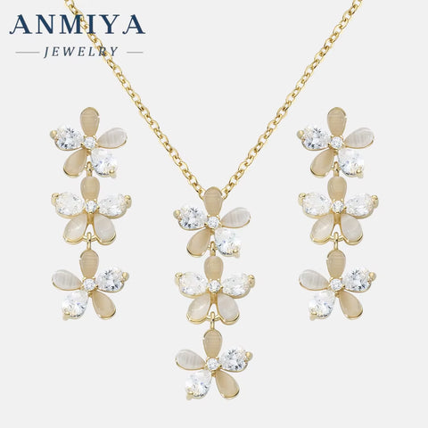 ANMIYA 925 Sterling Silver Women'S Korean Style Fine Long Flower Earrings Necklaces Set Dainty Zircon Weddings Gifts Wholesale