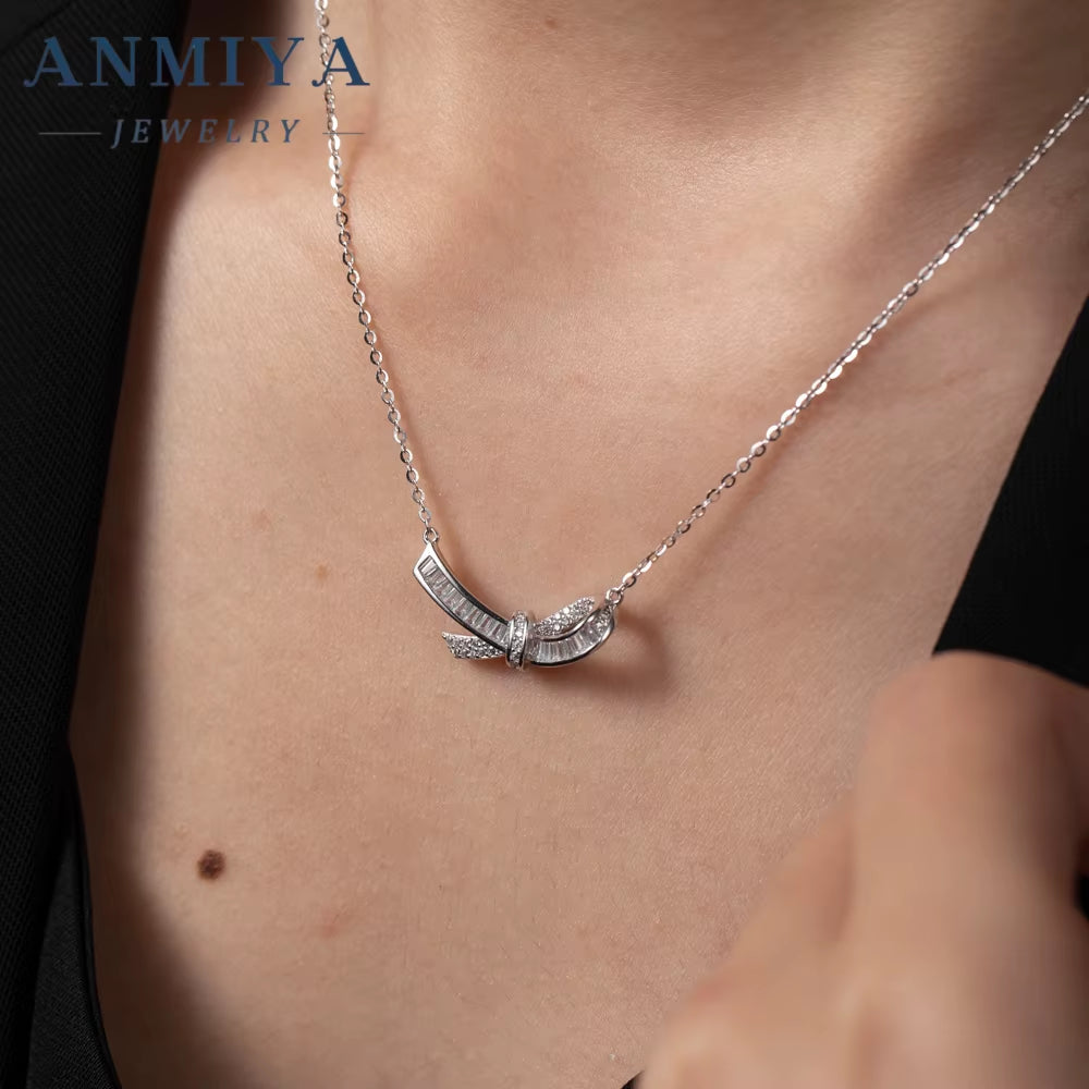 ANMIYA High Quality Original Silver 925 Chain Pendant Real Cubic Zircon Bow Necklace for Women Girls