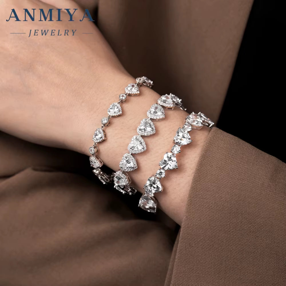 Wholesale Custom Girls Tennis Hand Chain Bracelet 925 Sterling Silver with Heart Shape Zircon Bracelet for Women