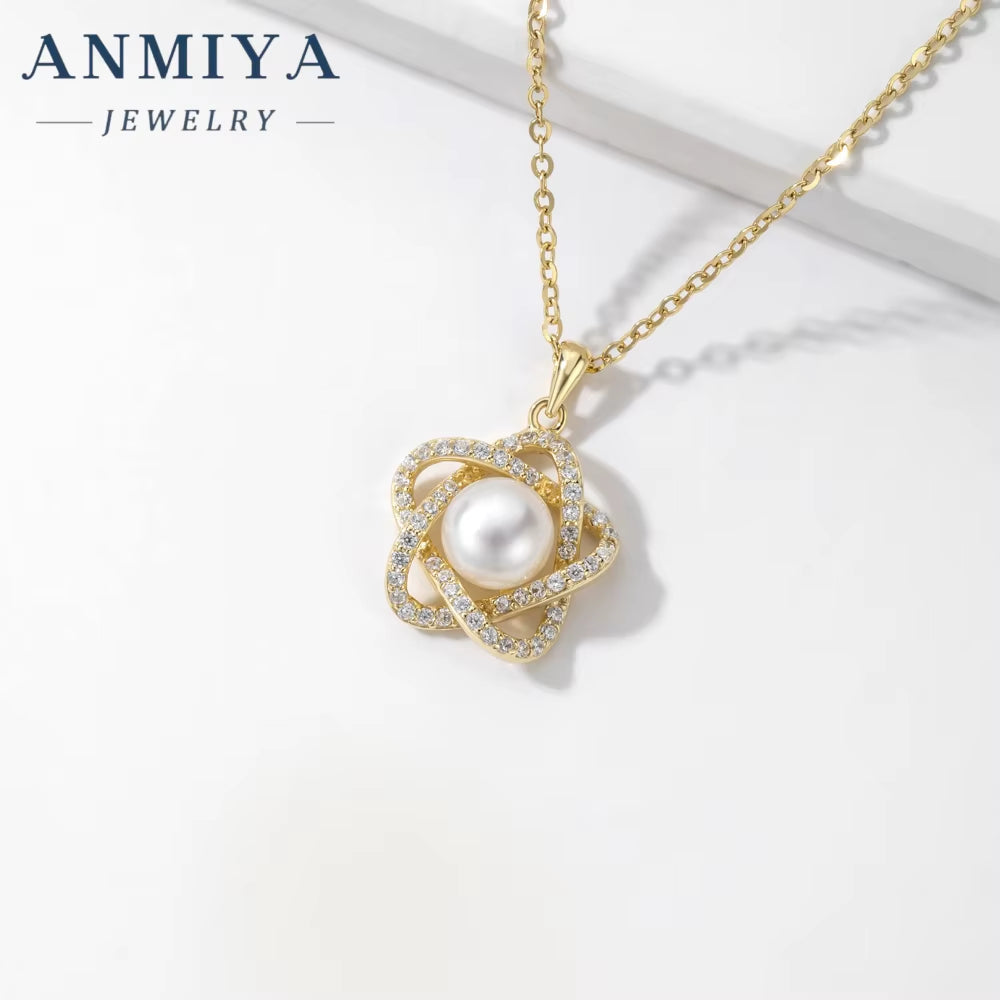 ANMIYA Best Selling 925 Sterling Silver 18K Gold Necklace Earrings Set Star Pearl Moon Shape Zircon Hypoallergenic Weddings