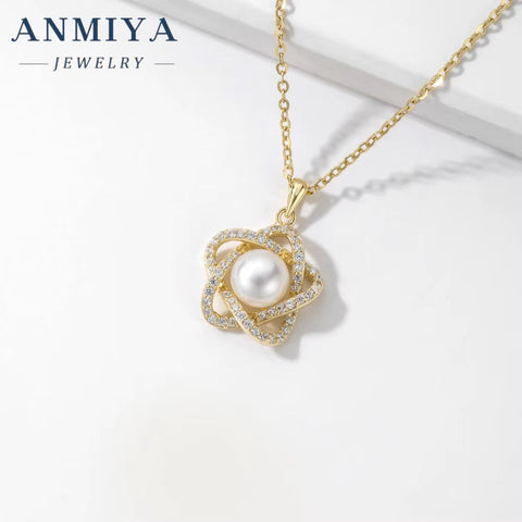 ANMIYA Best Selling 925 Sterling Silver 18K Gold Necklace Earrings Set Star Pearl Moon Shape Zircon Hypoallergenic Weddings