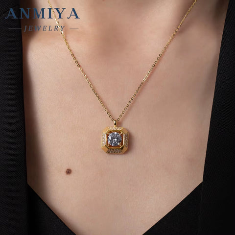 ANIMIYA S925 Fashion Gold Plated Diamond Zircon Pendant Waterproof Ladies Square Jewelry Necklace