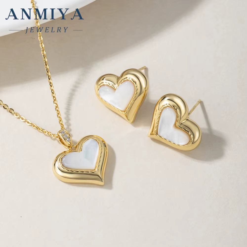 ANMIYA Minimalist Luxury 18K Gold Heart White Shell Gold Plated Necklace Earrings Set 925 Silver for Women