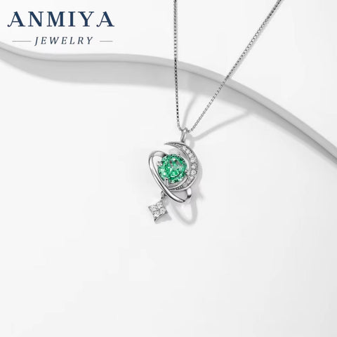 ANIMIYA 925 Sterling Silver Fashion Jewelry Pendant Necklaces Ice Heart Cut Shape with Zircon Green Blue Pink Diamond Weddings