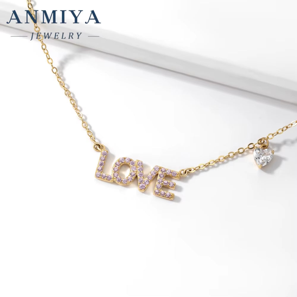 ANMIYA New Arrivals Rhinestone Necklace 925 Sterling Silver Necklace Love Letter Heart Pendant Necklace for Women