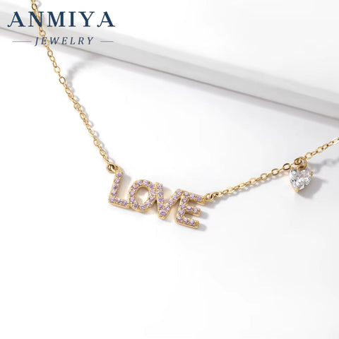 ANMIYA New Arrivals Rhinestone Necklace 925 Sterling Silver Necklace Love Letter Heart Pendant Necklace for Women
