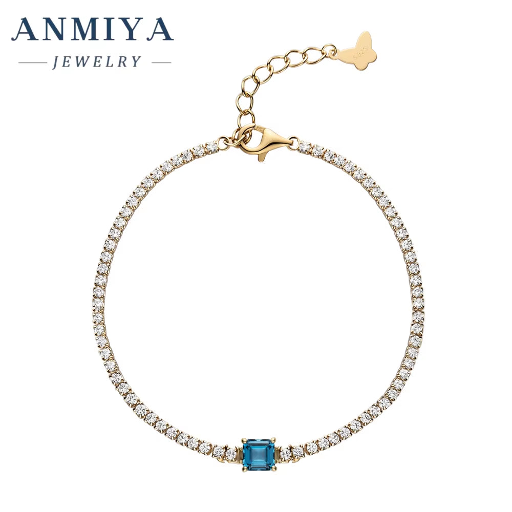 ANMIYA Jewelry 18K Gold Plated Chain Bracelet 925 Sterling Silver Blue Square Cubic Zircon Bracelet