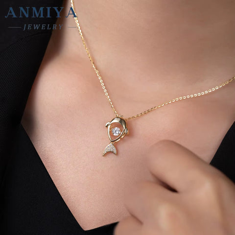 ANMIYA Custom Fine Jewelry Fish Pendant Zircon Necklaces 18K Gold Plated Unique 925 Silver Ladies Necklaces