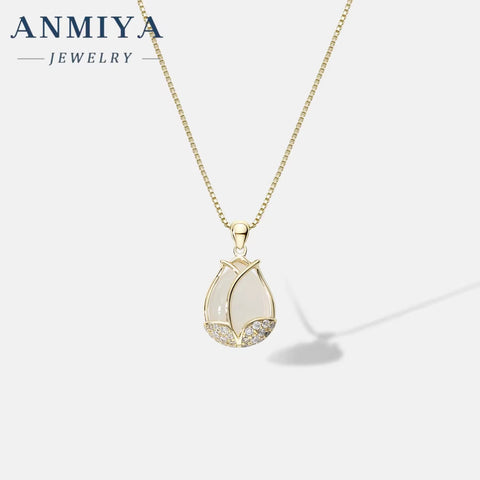 New Chalcedony Tulip Necklace Pendant Temperament Diamond 18K Gold Plated Chain Flower Necklace Birthday Gift Girl