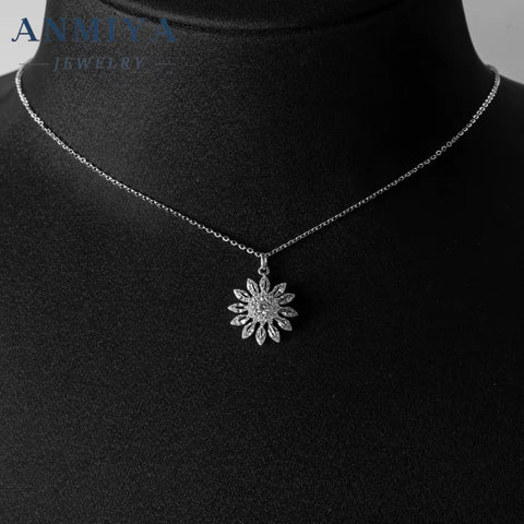 Wholesales Fine Jewelry 925 Silver White Zircon Big Sunflower Diamond Necklace for Women Girl Bestfriend