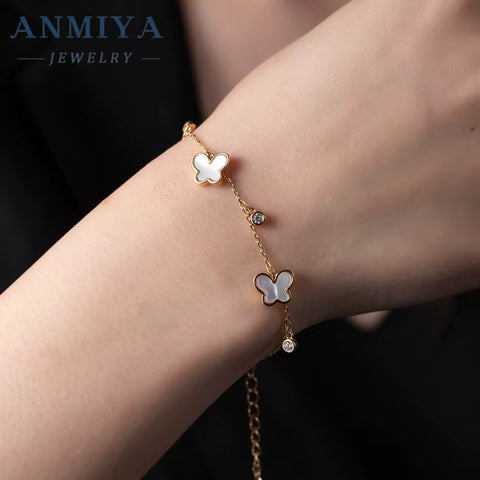 ANMIYA Fashionable White Shell Butterfly Shape Zircon Gold Plated Sterling 925 Silver Designer Bracelets