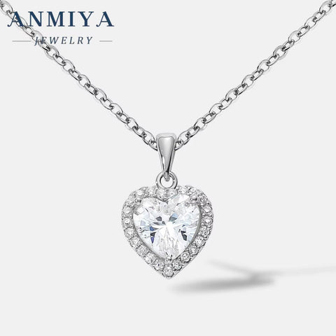 ANMIYA Simple 925 Sterling Silver Heart Zircon Pendant Jewelry European and American Women'S Love Necklace