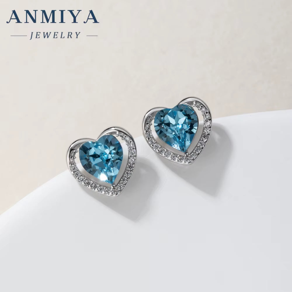 ANMIYA Delicate 2 Set Sapphire Heart Earrings Sparkling Cubic Zirconia CZ Blue Ocean Heart Necklace Jewelry Set
