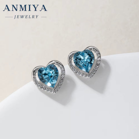 ANMIYA Delicate 2 Set Sapphire Heart Earrings Sparkling Cubic Zirconia CZ Blue Ocean Heart Necklace Jewelry Set