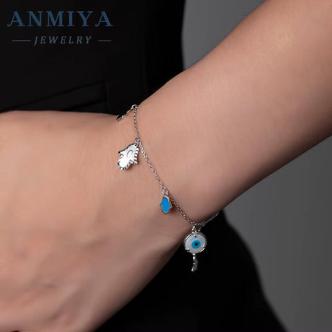 925 Sterling Silver Birthday Day Jewelry Gift Fine Jewelry Adjustable Link Chain Sparkling Blue Evil Eyes Bracelet for Women