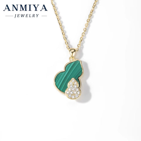 Authentic 925 Sterling Silver Necklace Featuring Natural Malachite | Dainty Silver Jewelry Gift for Her | Gourd Pendant