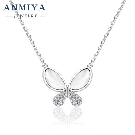ANMIYA White Shell Butterfly Pattern Fine Jewelry Crafted 925 Sterling Silver Necklaces for Women
