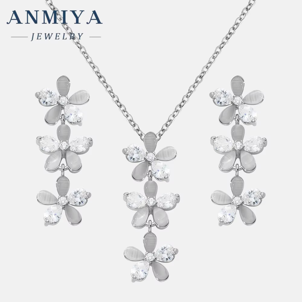 ANMIYA Korean Style Fine Long Flower Dainty 925 Sterling Silver Earrings Necklaces Set for Women Wholesale