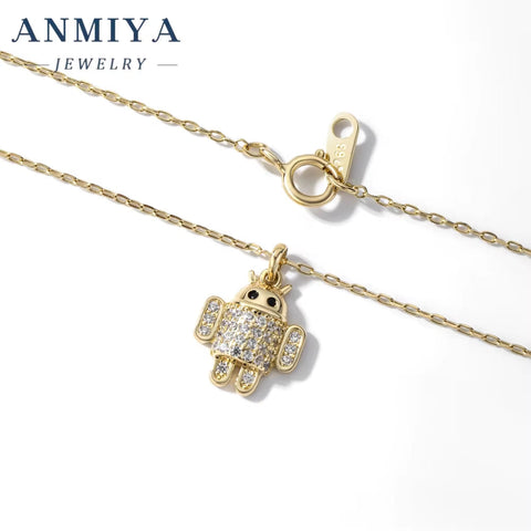 ANMIYA Unisex Accessory Jewelry Sterling 925 Silver Necklace Robot Charm Necklace with Zircon