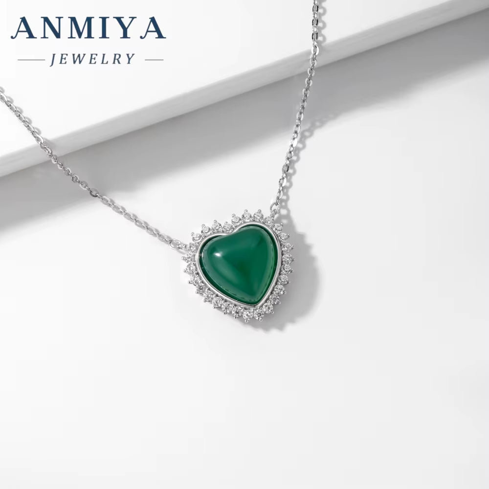 ANMIYA Fashion Chic CZ Zircon Green and White Chalcedony Heart Pendant S925 Silver Chain Necklace for Women