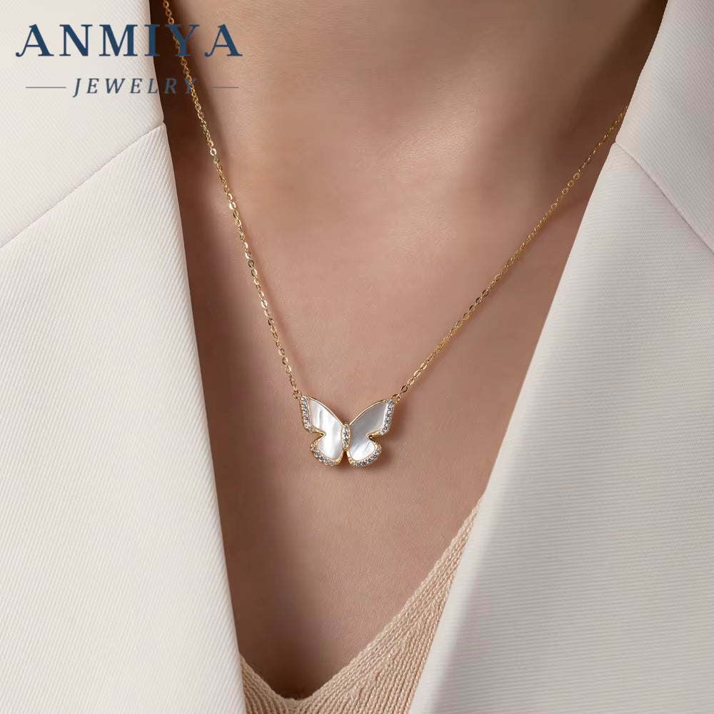 ANMIYA Fine Jewelry 925 Sterling Silver Necklace 18K 14K Gold Plated Butterfly Shape Charm Necklace