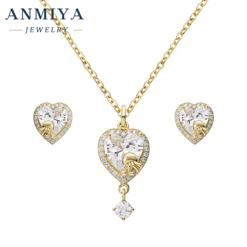 ANMIYA Best Selling 925 Sterling Silver Luxury Necklace Earrings Set for Women Zircon Heart Necklace Fine Jewelry Set