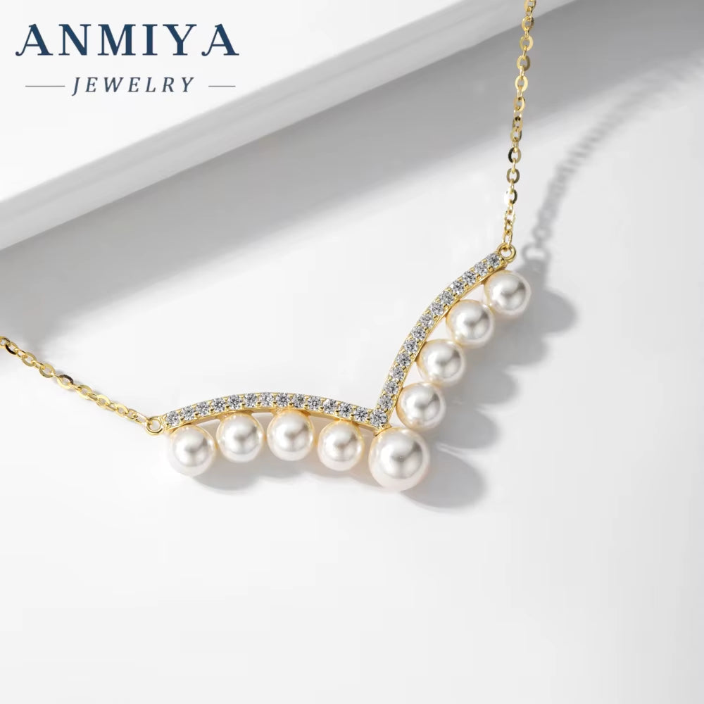 ANMIYA One-Line Shape Fresh Water Pearl Vintage Inoxidable 925 Silver 18K Collarbone Necklace