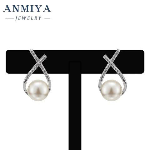 ANMIYA Customized 925 Sterling Silver Water Drop Cubic Zirconia Pearl Stud Earrings