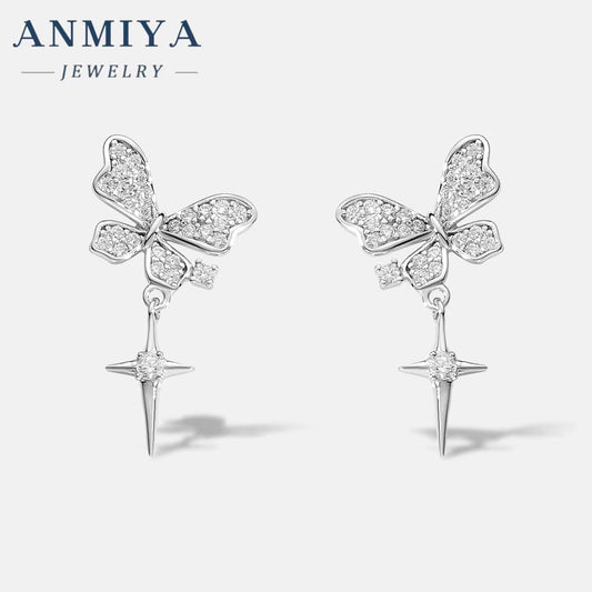 ANMIYA CZ Zircon Butterflies Earrings with Tassel 925 Silver Butterflies Pendant Earrings Gift for Daily Jewelry